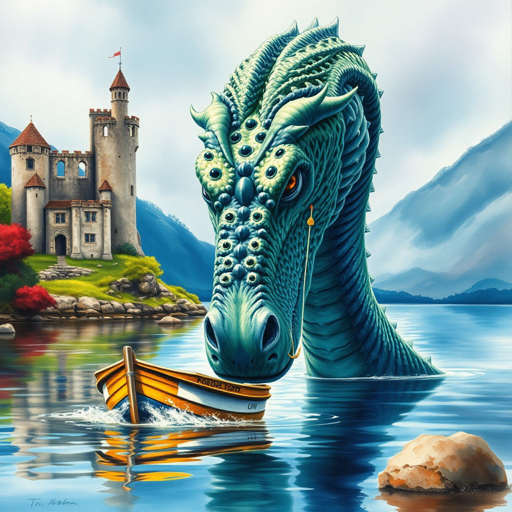 Loch Ness Monster Close-up in Vivid Watercolors