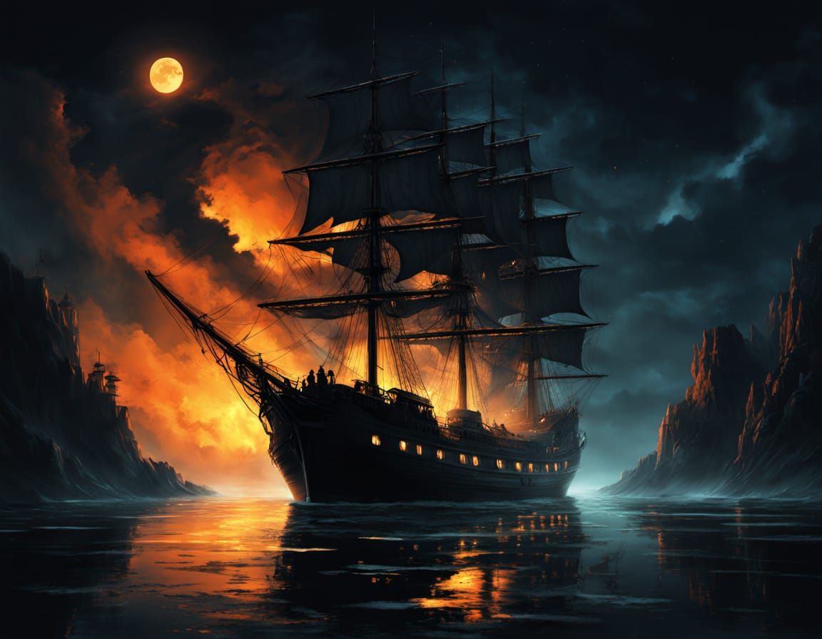 Dramatic Ghost Ship Inferno on a Moonlit Summer Night
