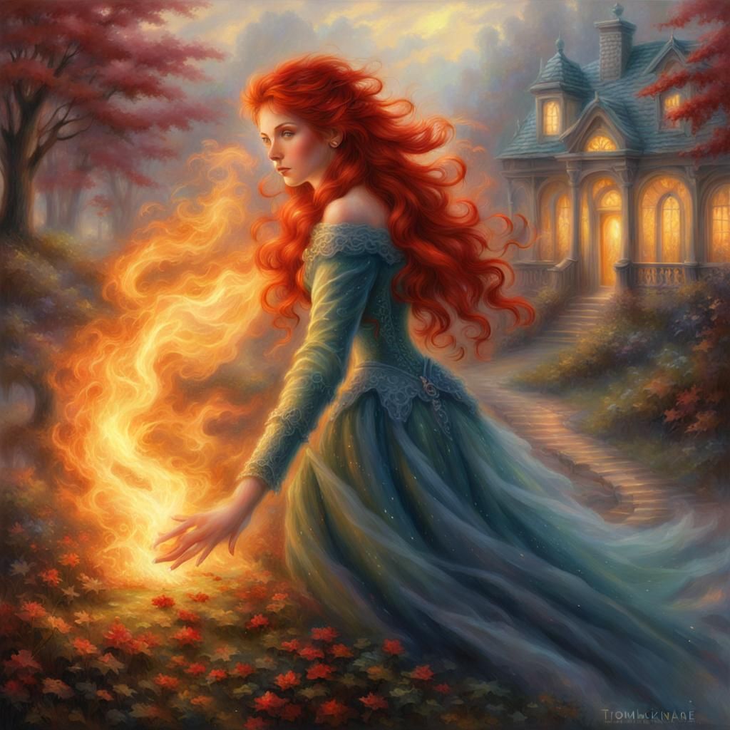 Ethereal Woman with Red Hair and Fire