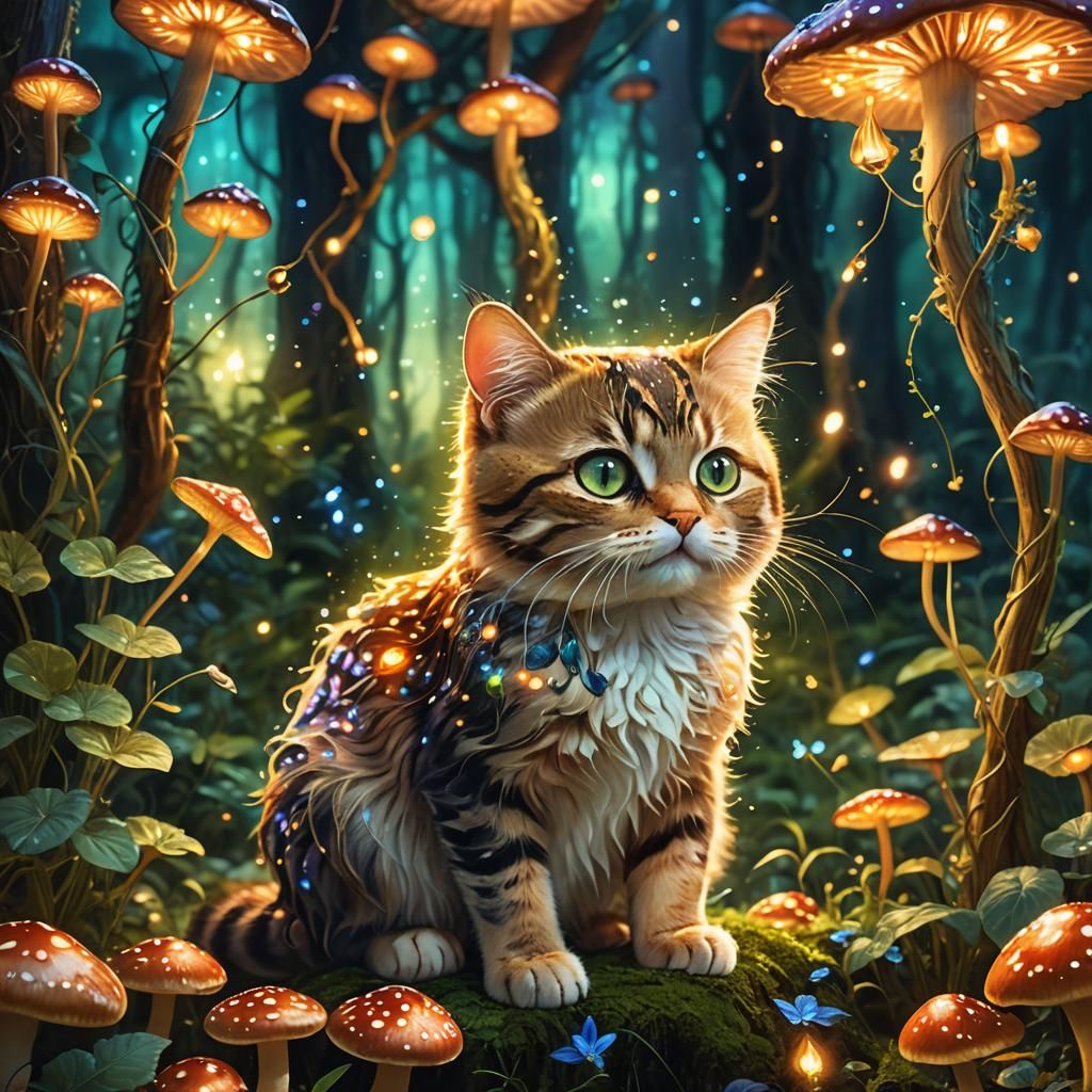 Enchanted Forest Cat on Mushroom with Fireflies