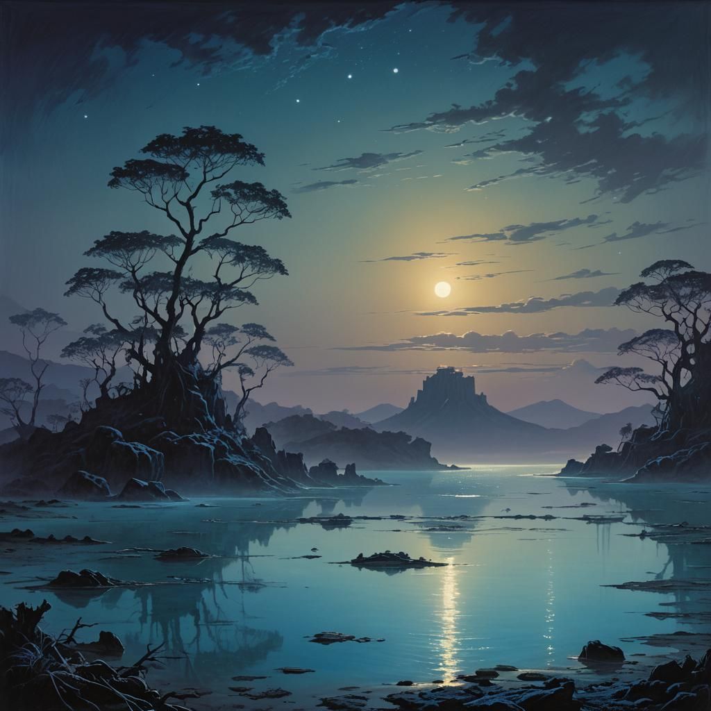 Bioluminescent Lagoon at Night in Ethereal Style