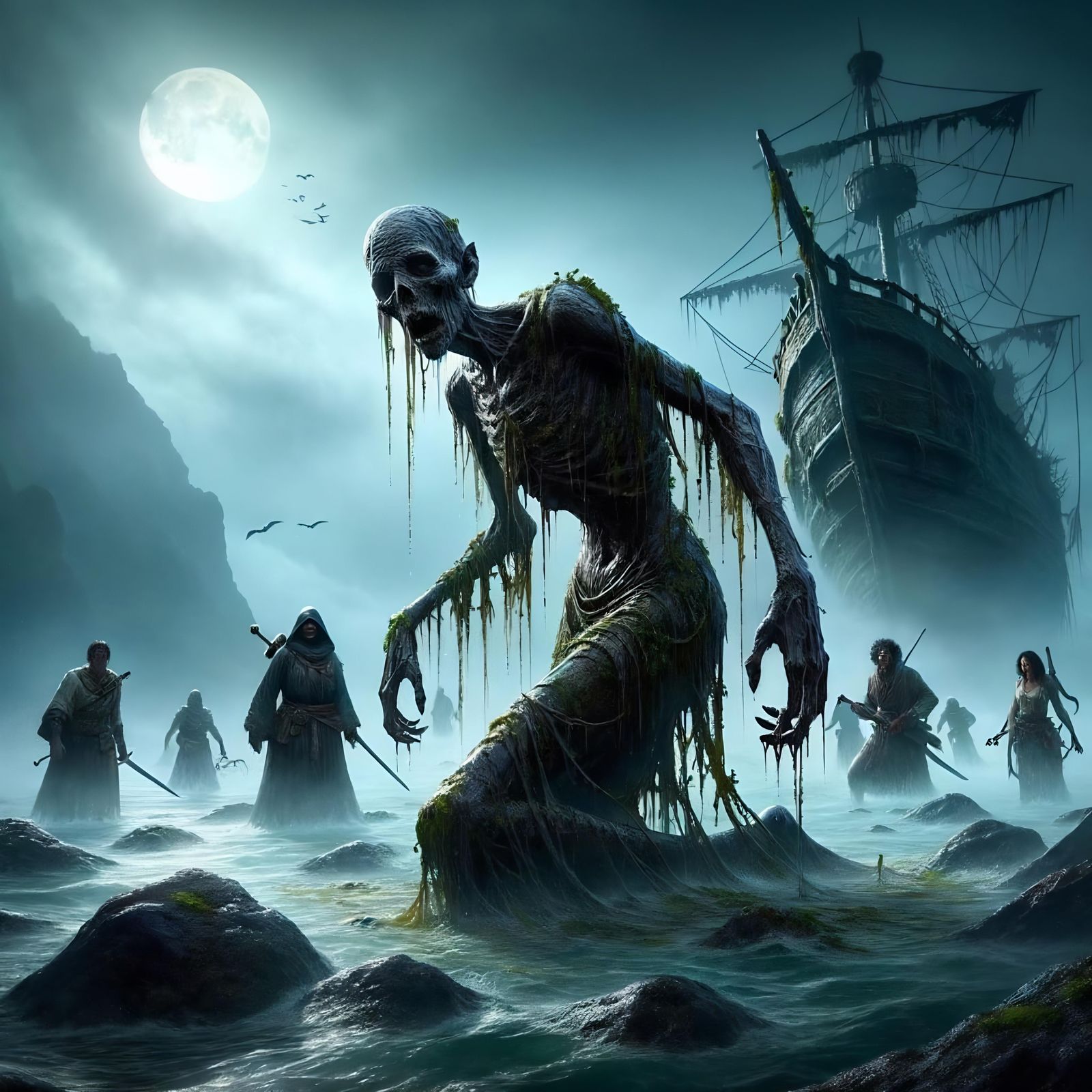 Undead Creature Rises on Foggy Shoreline
