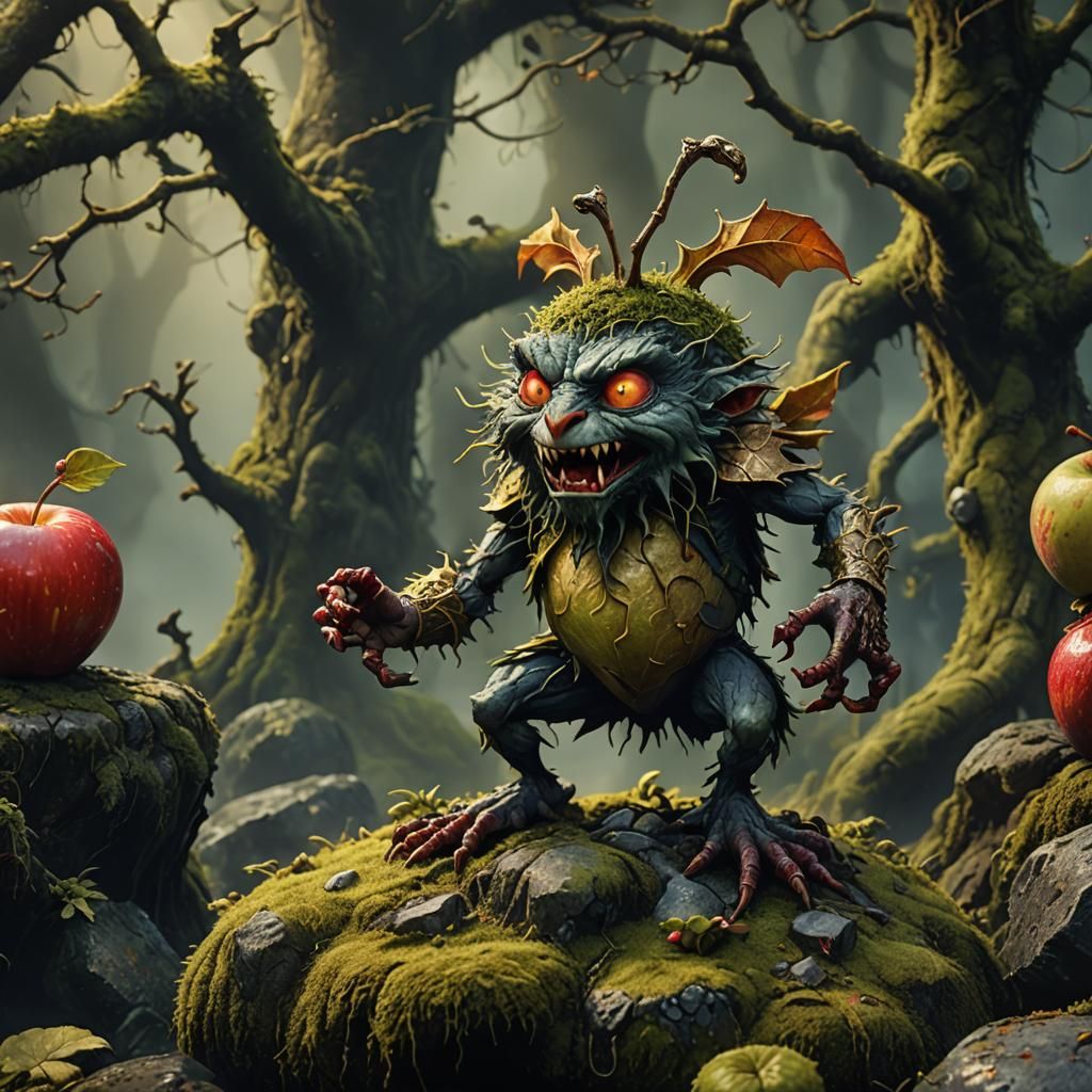 Angry Apple Creature on Mossy Stone in Fantasy Style