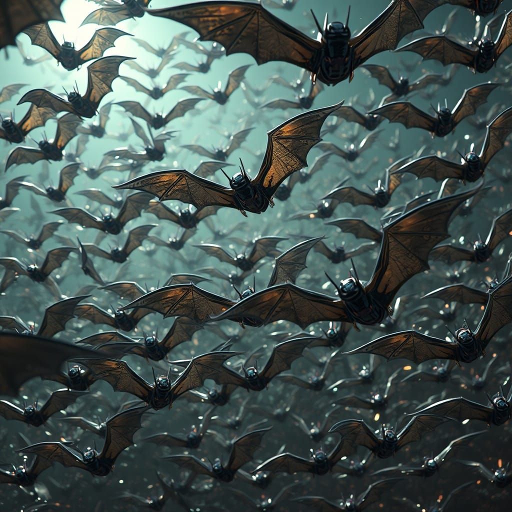 Mechanical Bat Swarm Filling Sky Cinematic Sci-Fi