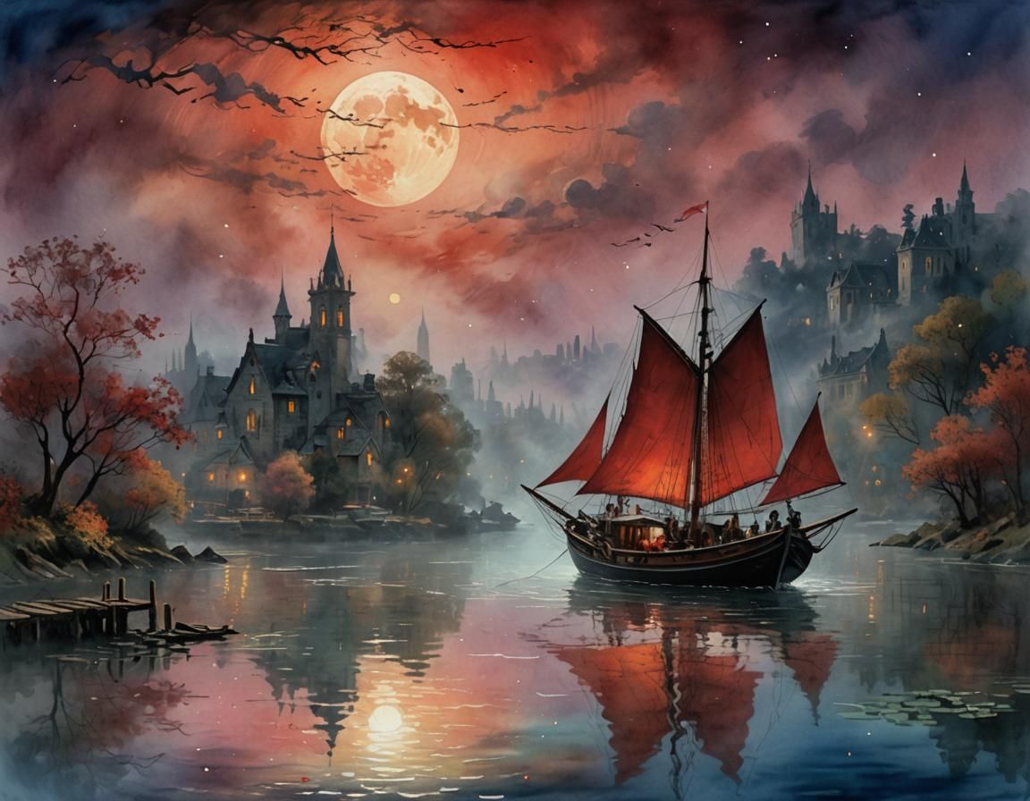 Boat Sailing Under Red Moon: Chiaroscuro Watercolor