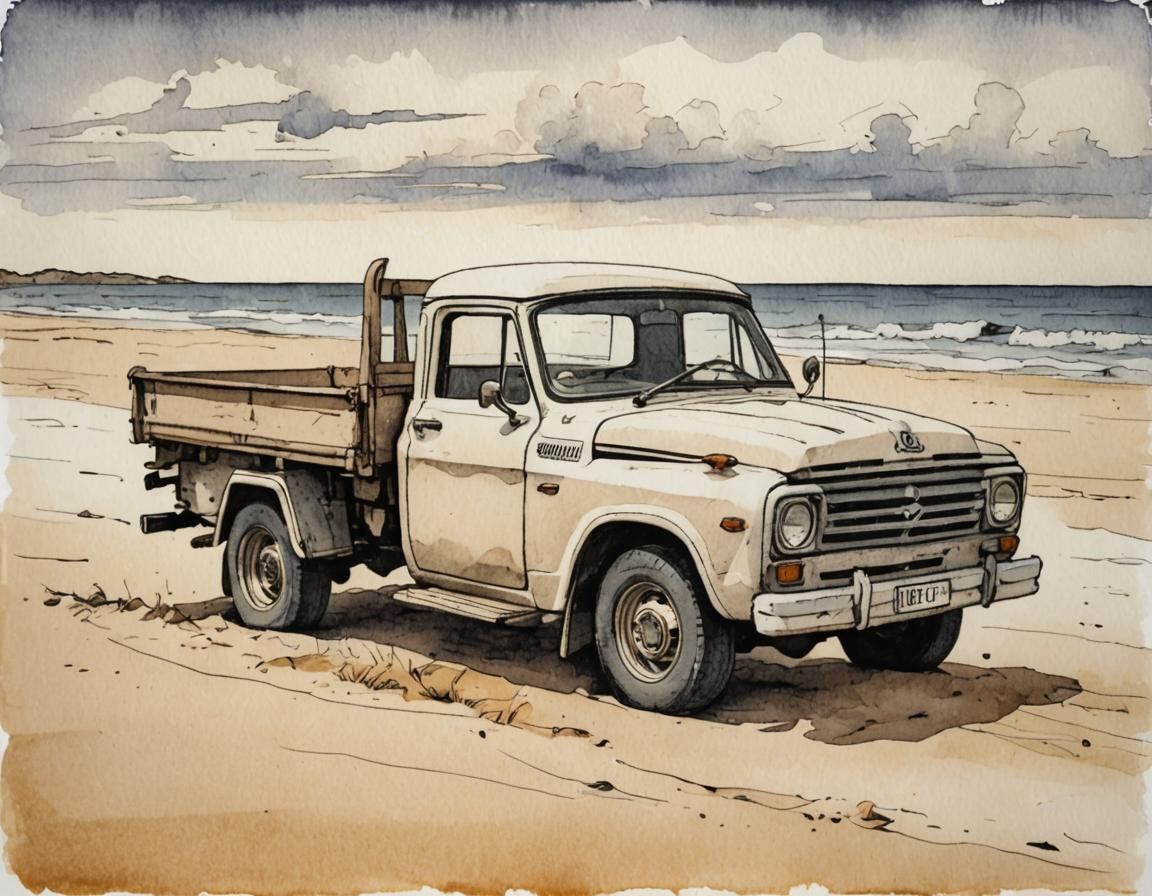 Vintage Ute on Beach in Minimalist Line Art