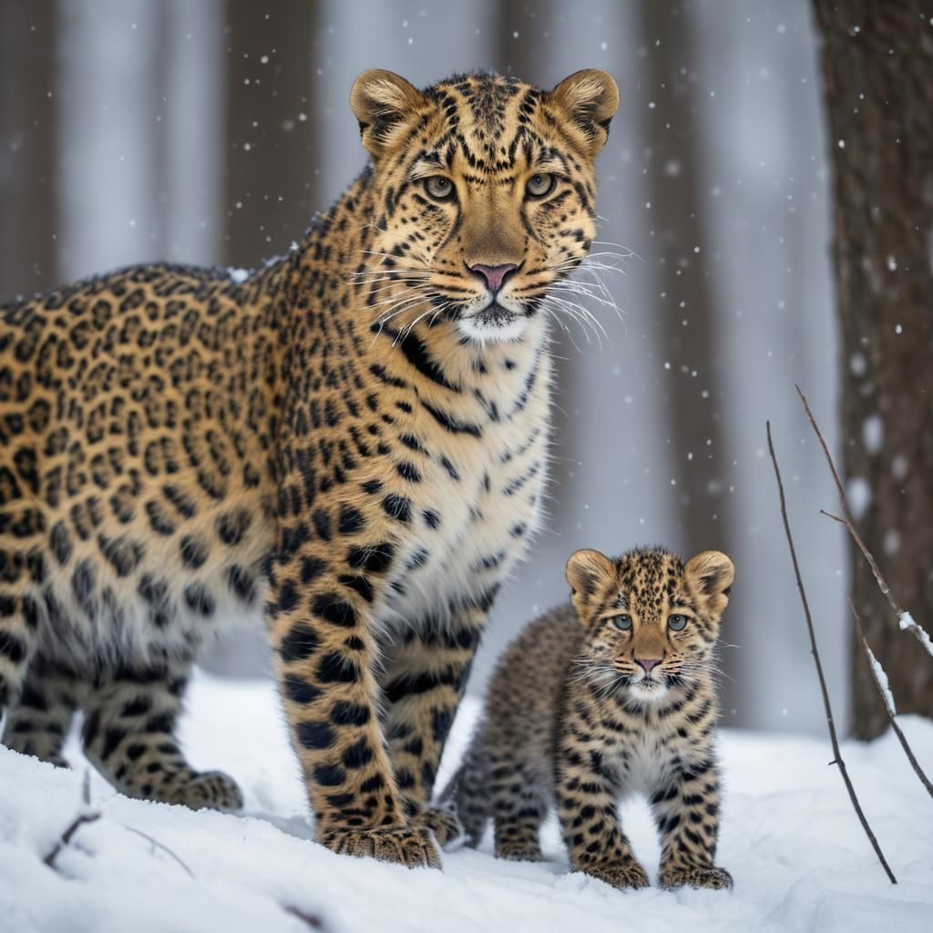Amur Leopard and Cub in Snowy Forest