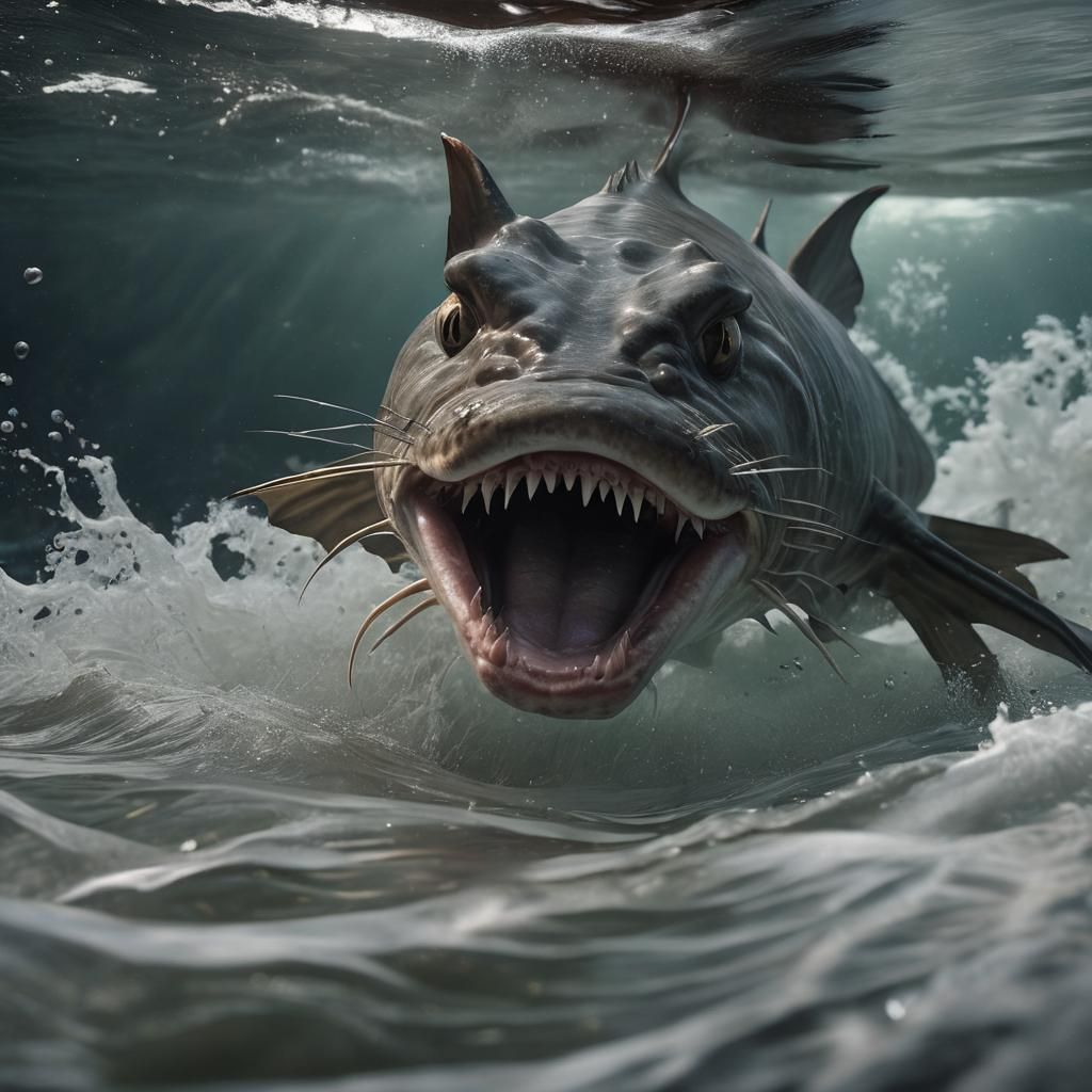 A hyperrealistic 8k photo of a giant catfish, leaping out of...
