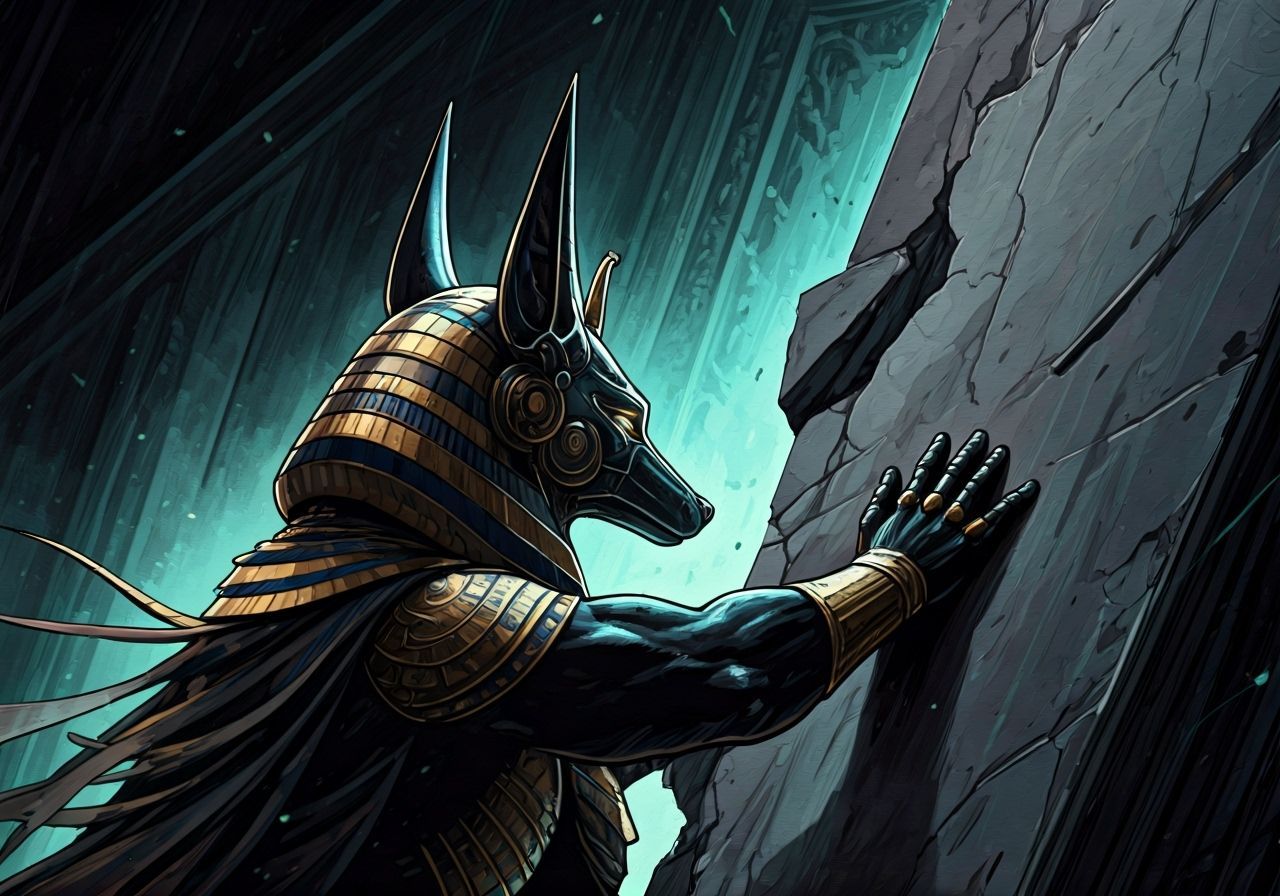 Anubis in Dystopian Ruin: Graphic Novel Style