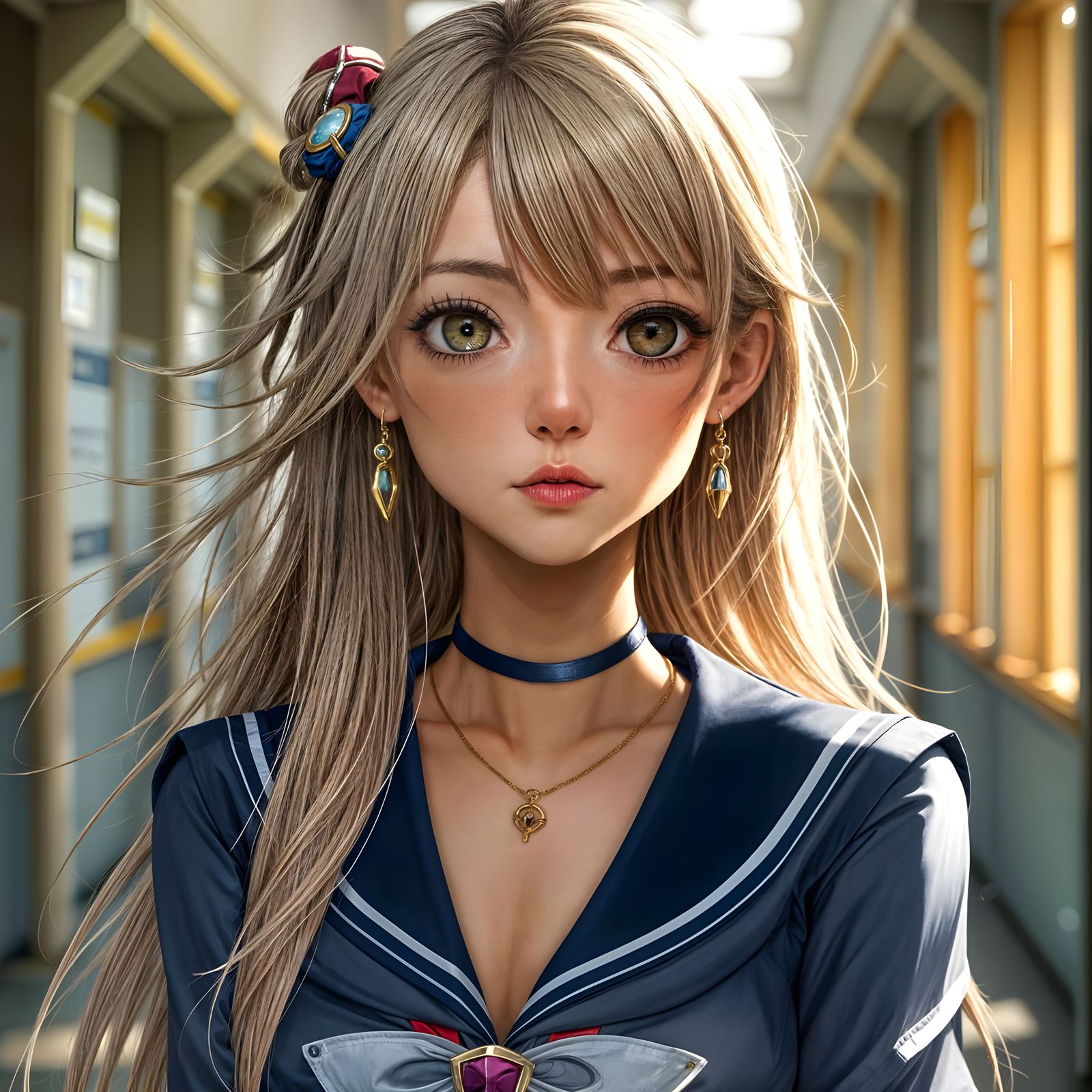 Young Blonde Woman in Senshi Uniform, Looking Directly at th...