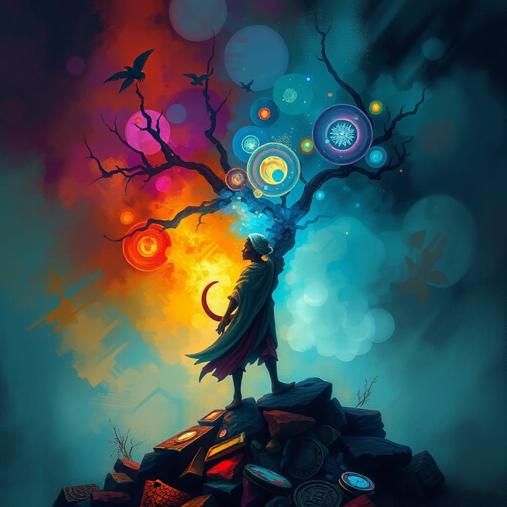 Mystical Alchemist at Crossroads in Dreamlike Style