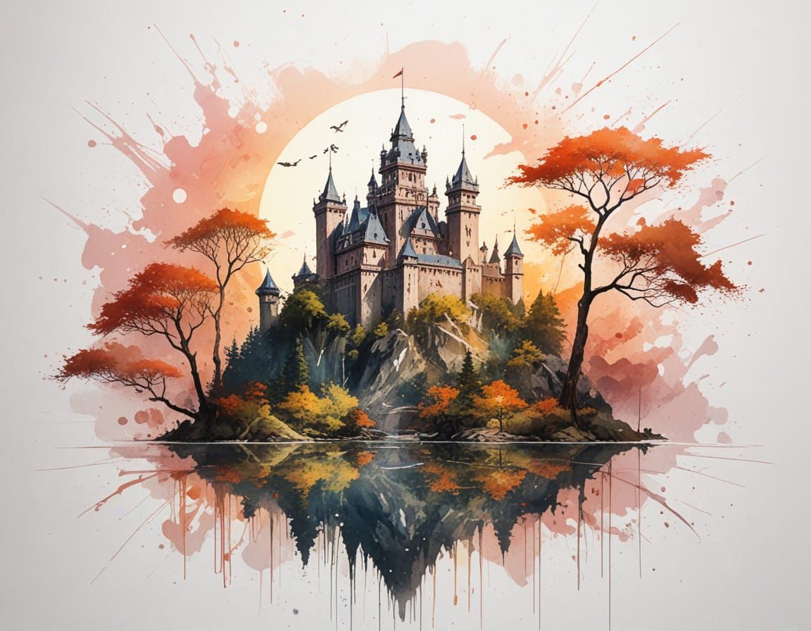 Fairytale Castle Sunset Reflection in Painterly Realism