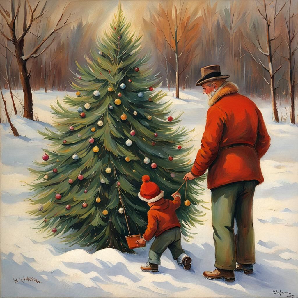 Father and Son Shopping for Christmas Tree