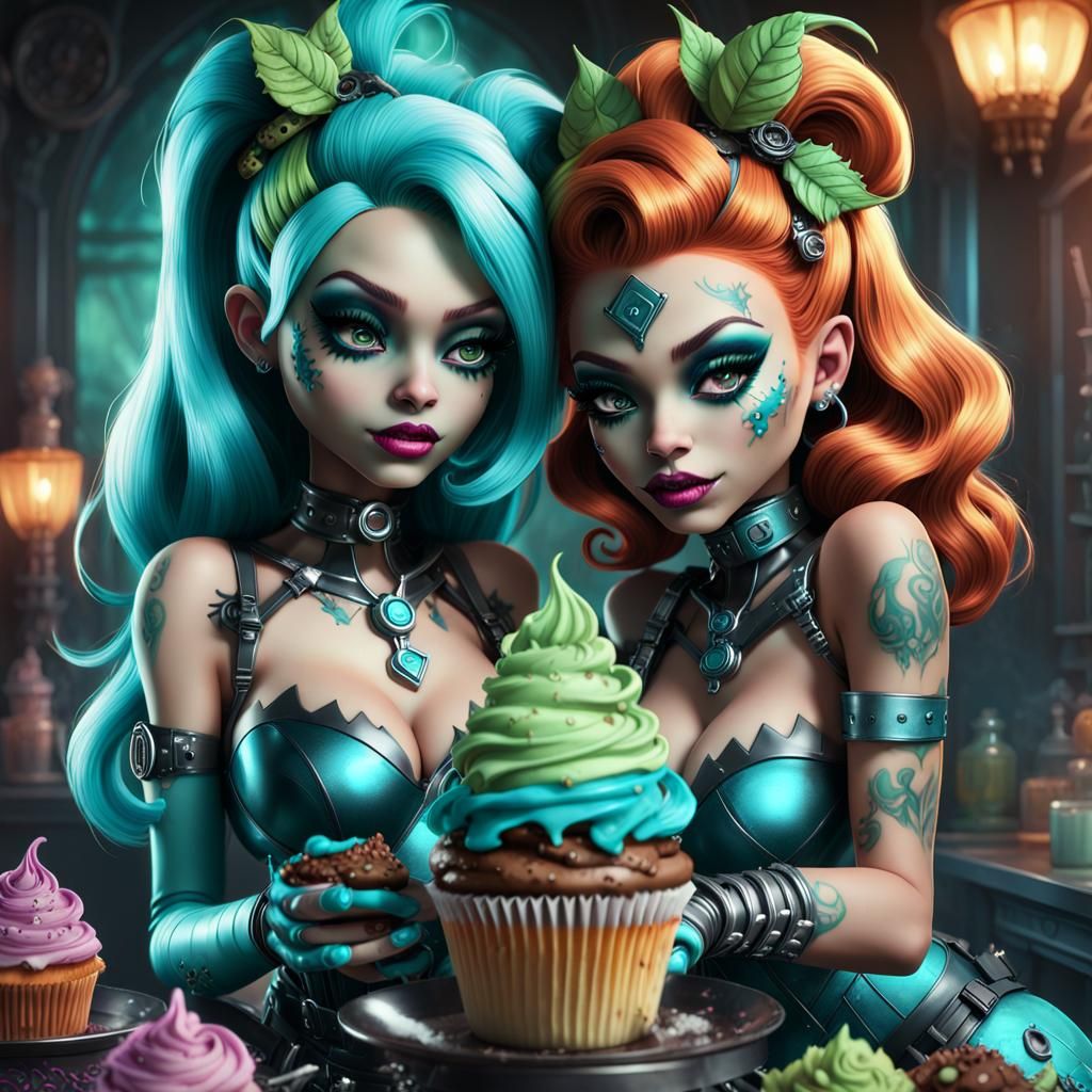 Cyberpunk Dolls Share a Cupcake, Dark Fantasy Art