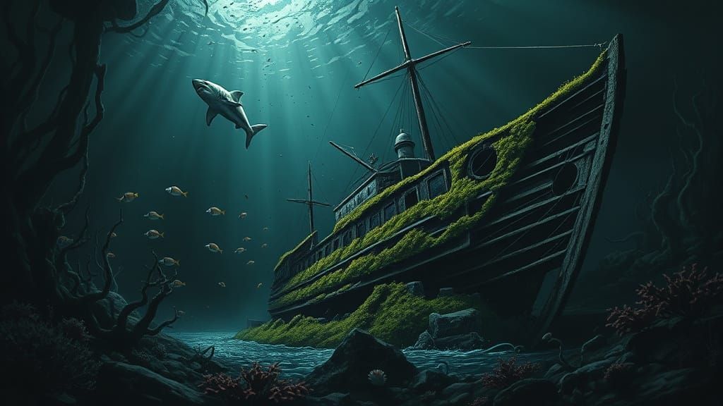 Abandoned Sunken Ship Lurks in Dark Ocean Depths