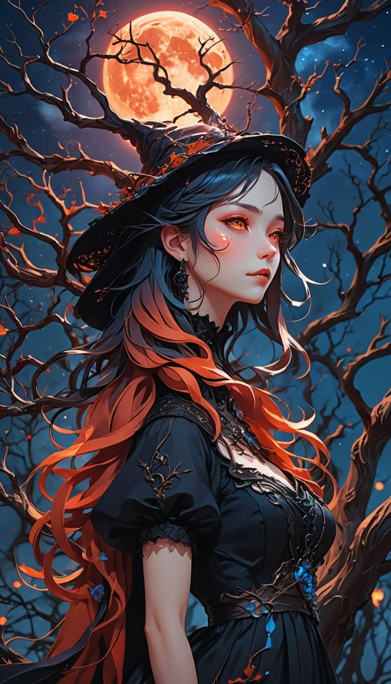 Anime Witch Under Red Moon in 3D Style
