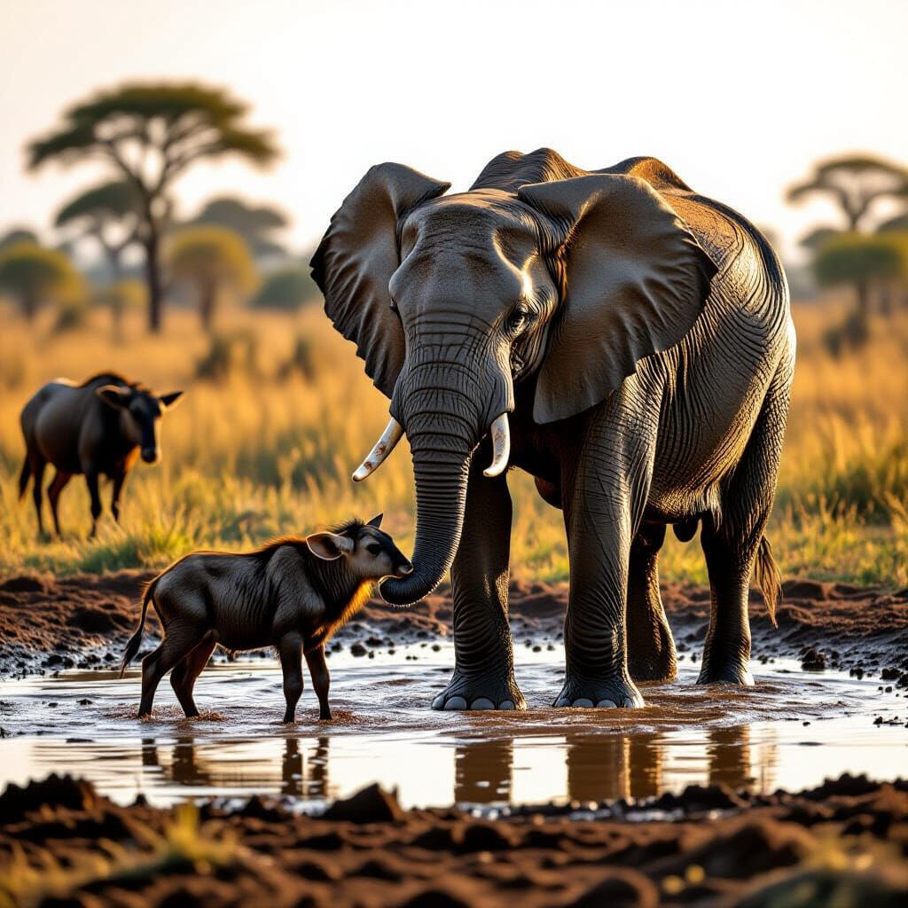 Elephant Rescues Calf in Golden Light