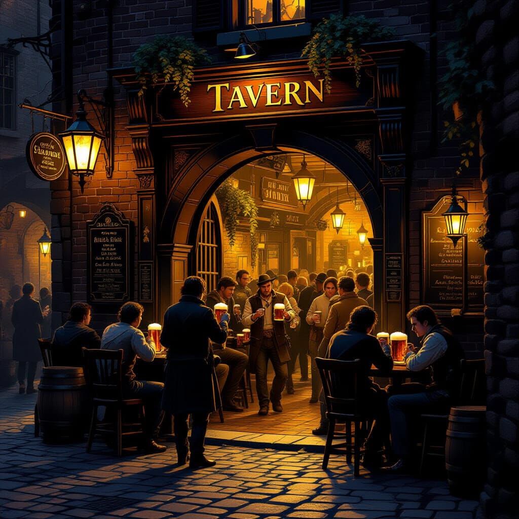 Bustling Alley Tavern Entrance with Patrons and Beer