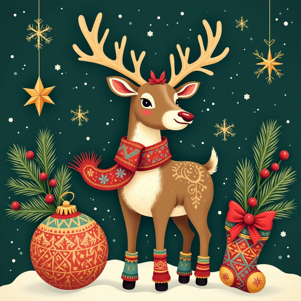 Whimsical Reindeer in Vibrant Christmas Wonderland