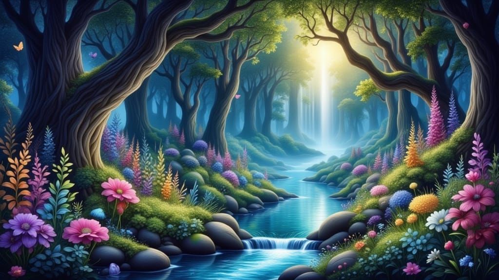 Enchanted Forest with Sparkling Plants and Fairies
