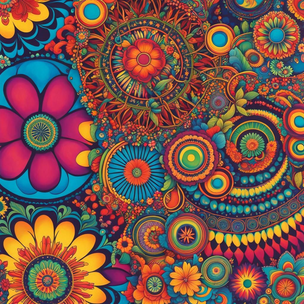 Psychedelic 60s Art with Flower Power Motifs