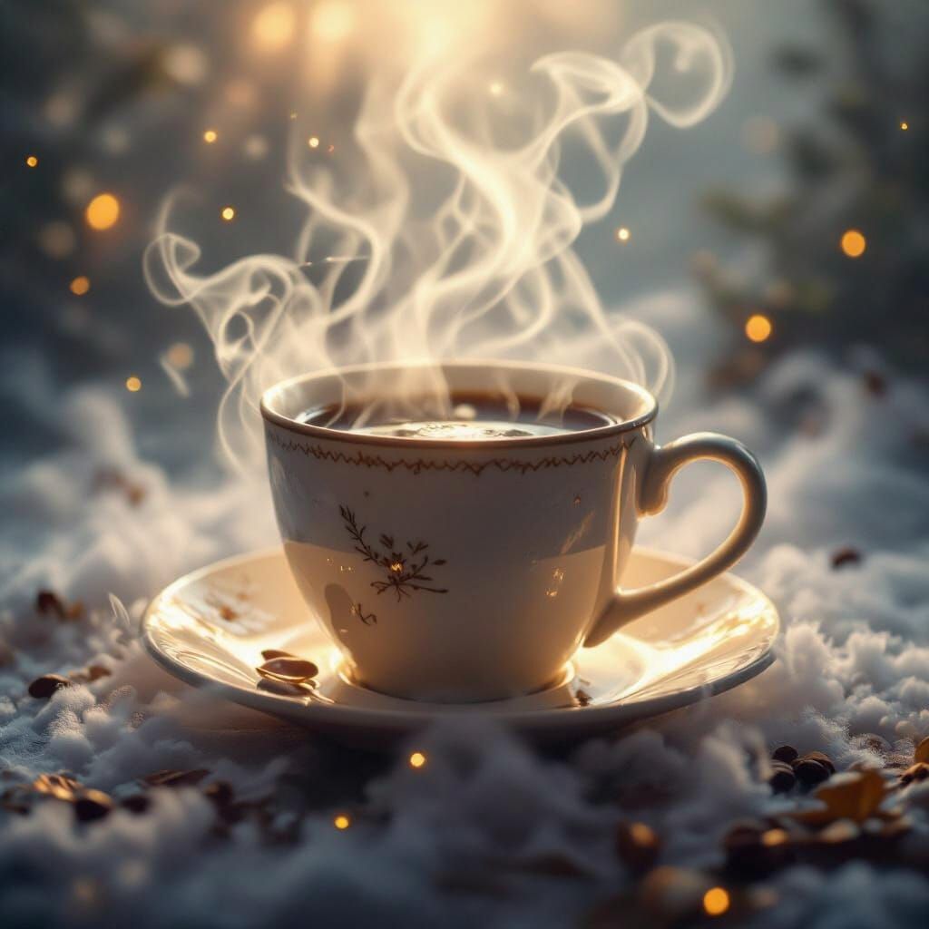 Ethereal Steaming Coffee Cup with Magical Mist