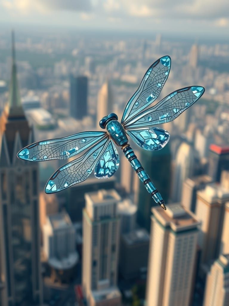 Stunning Aquamarine Dragonfly in Flight over City Skyscraper...