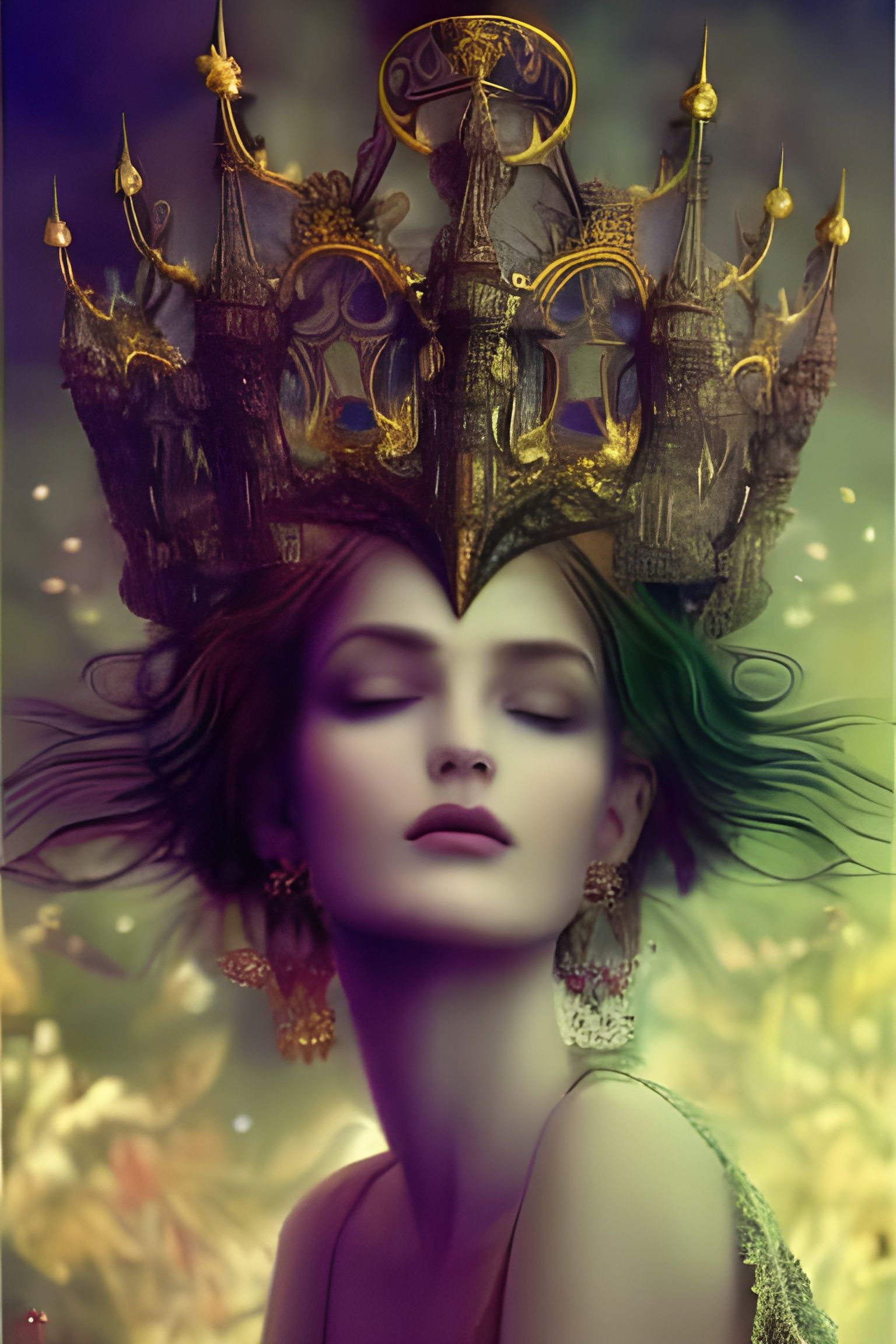 Goddess with Gothic Crown in Surreal Setting