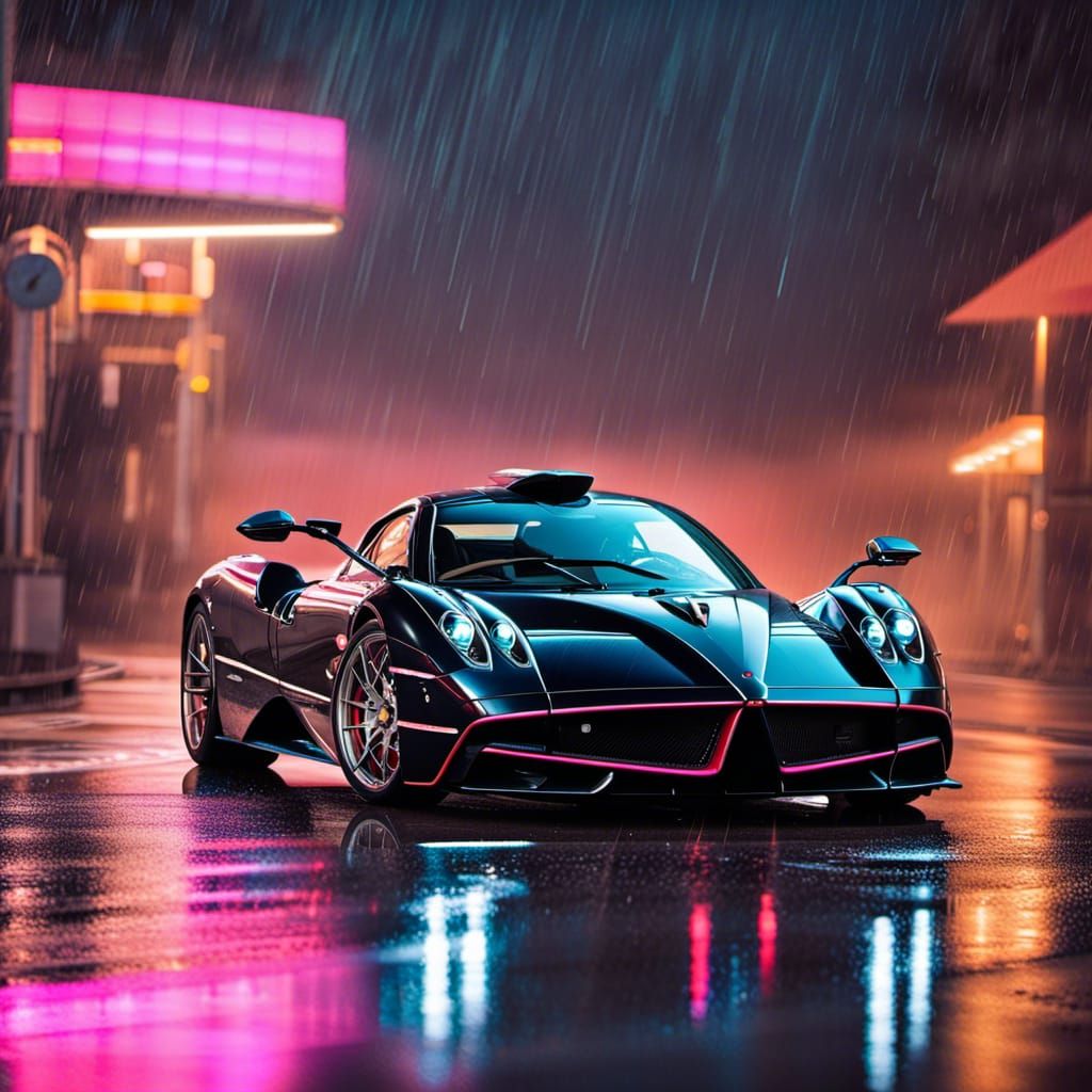 Pagani Huayra Car in Rain, Synthwave Neon Retro