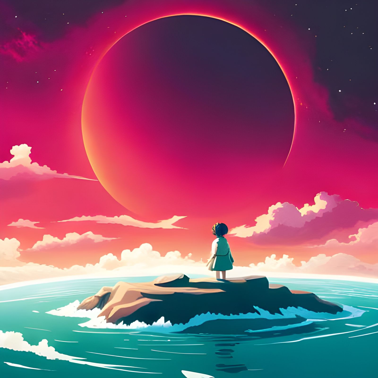 Lofi Space Girl with Blue-Green Planet, Anime Style