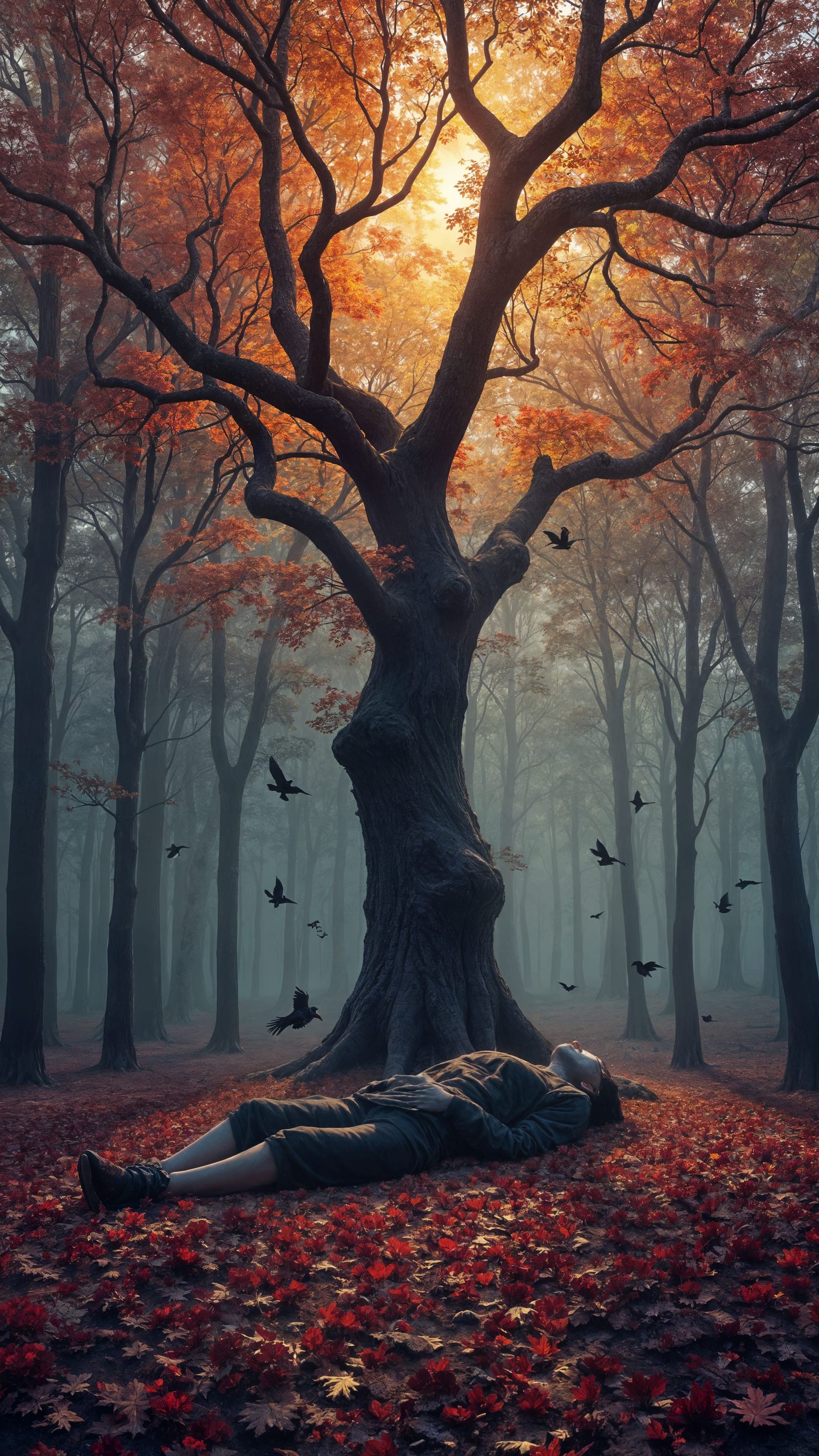 Autumnal Forest Death Scene in Dark Fantasy Style