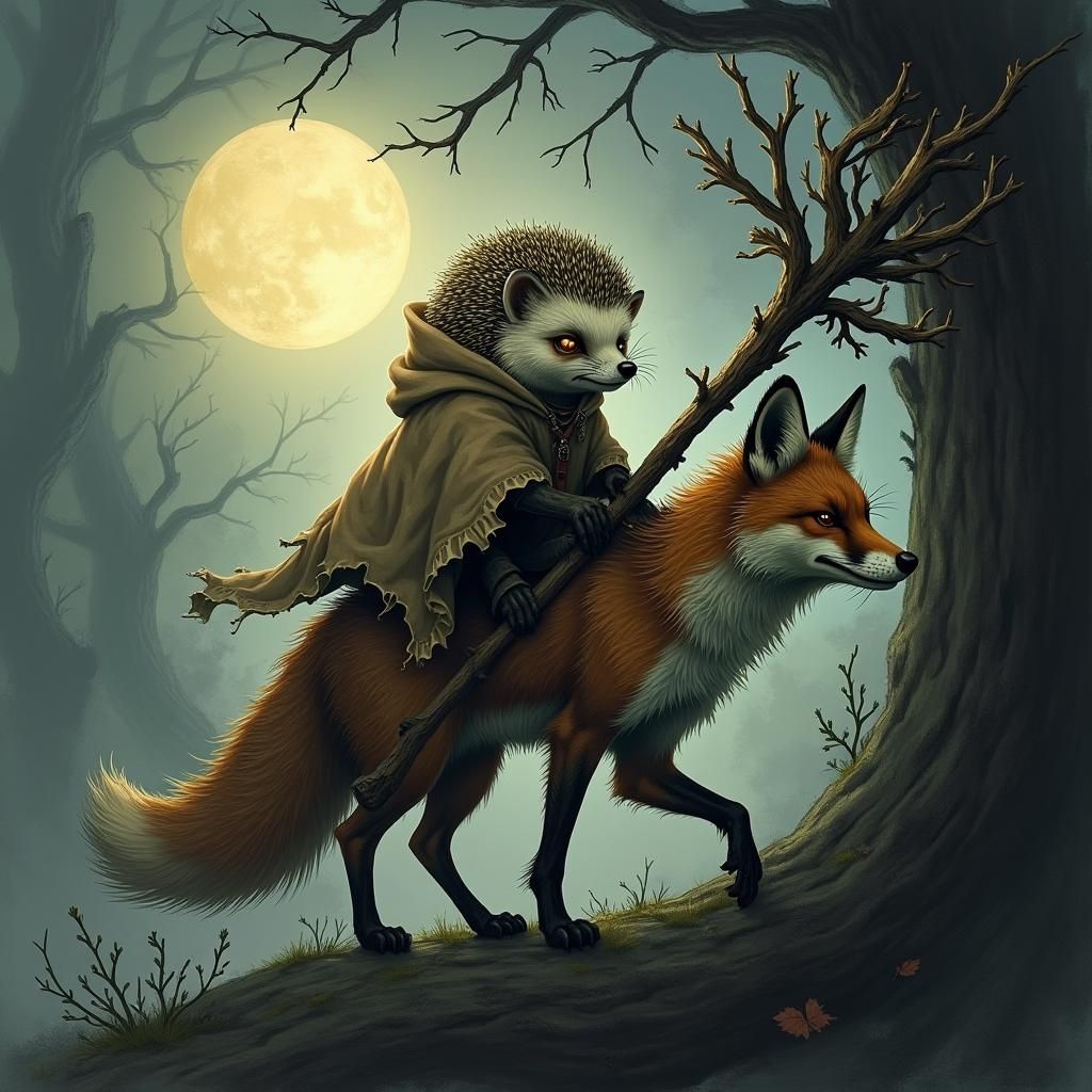 Fox and Hedgehog in Moonlit Dark Fantasy Landscape