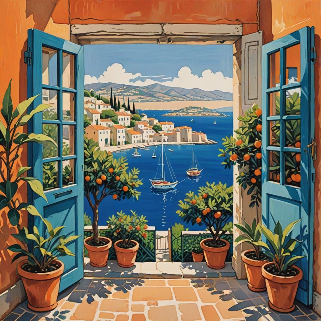 Mediterranean View Through Window in Matisse Style