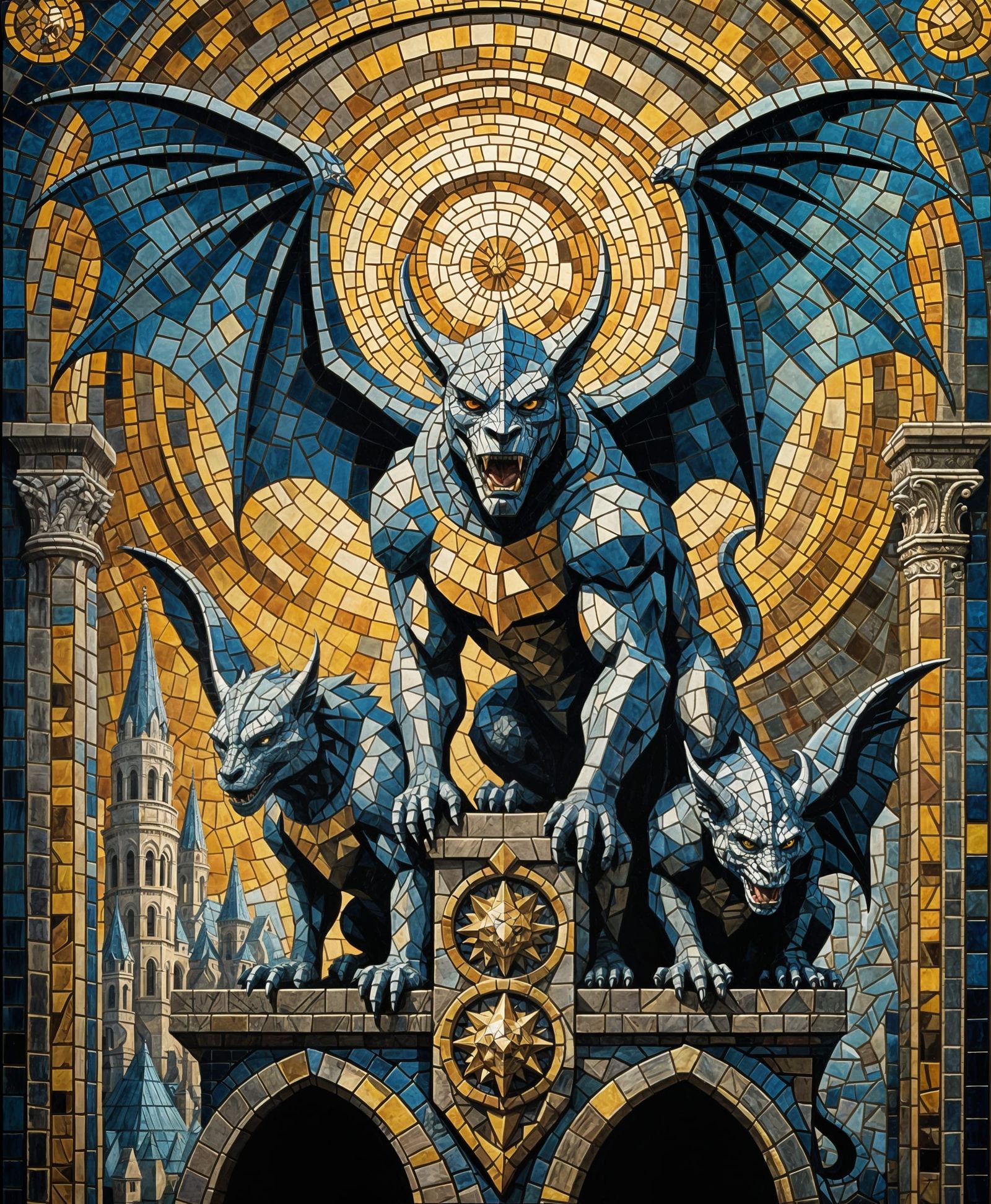 Gargoyles Emerge from Dark Mystical Setting in Mosaic Art