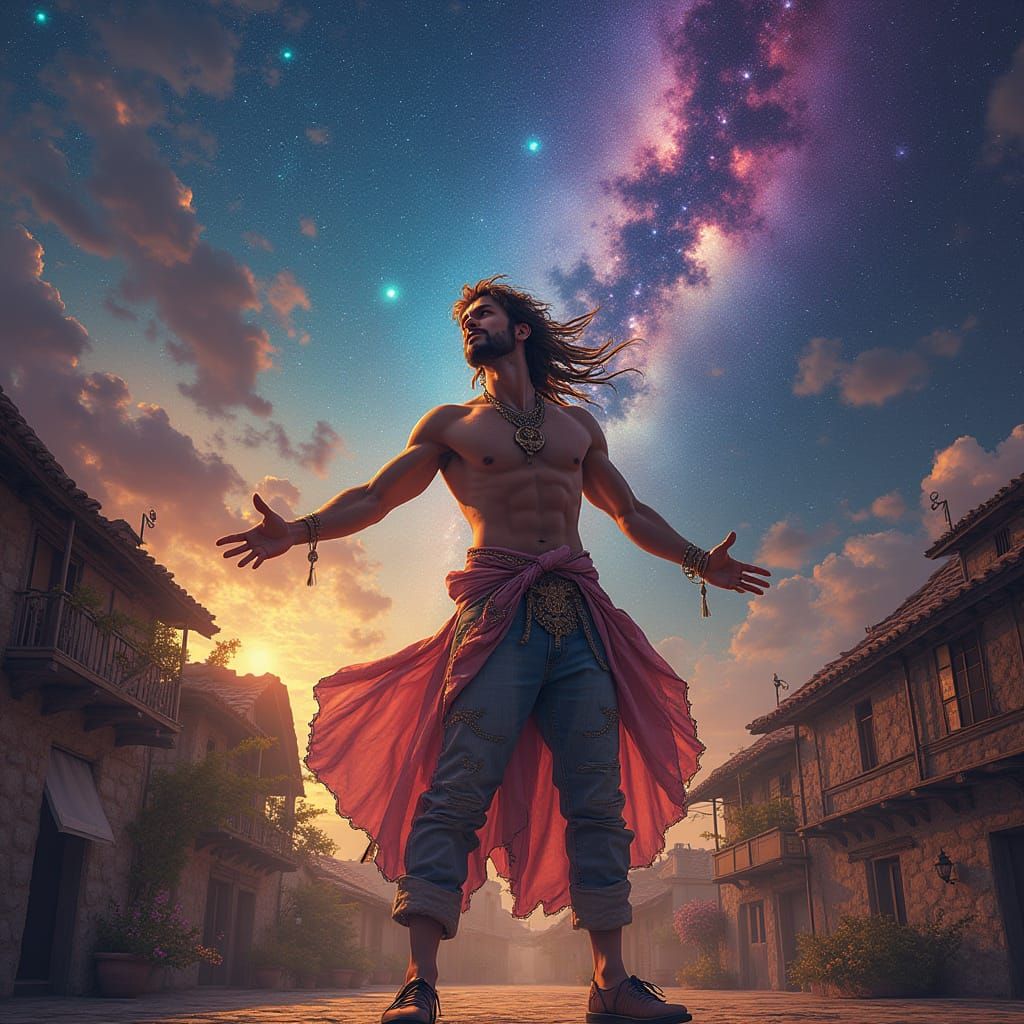 Bohemian Performer in Astral Cosmic Village Square