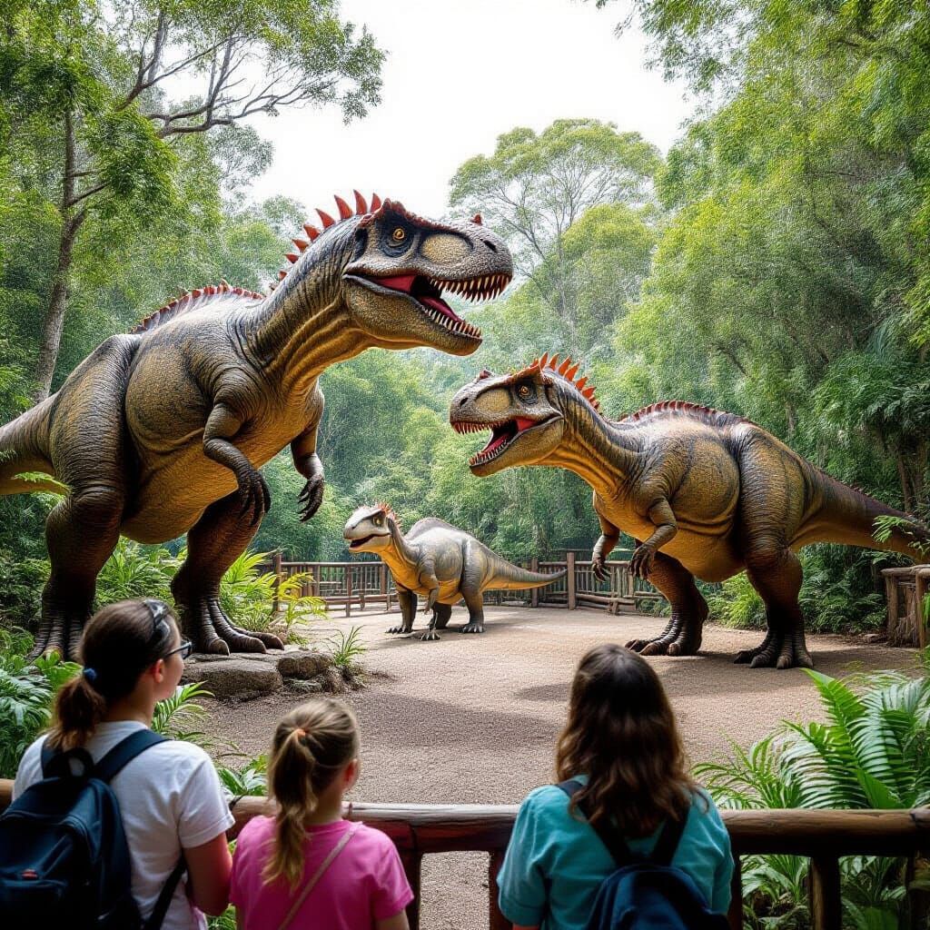 Visitors Observe Real Dinosaurs at a Zoo