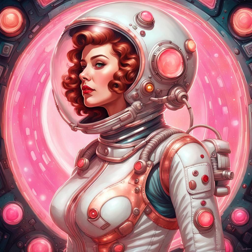 Retro Sci-Fi Woman in Rose Gold Spacesuit