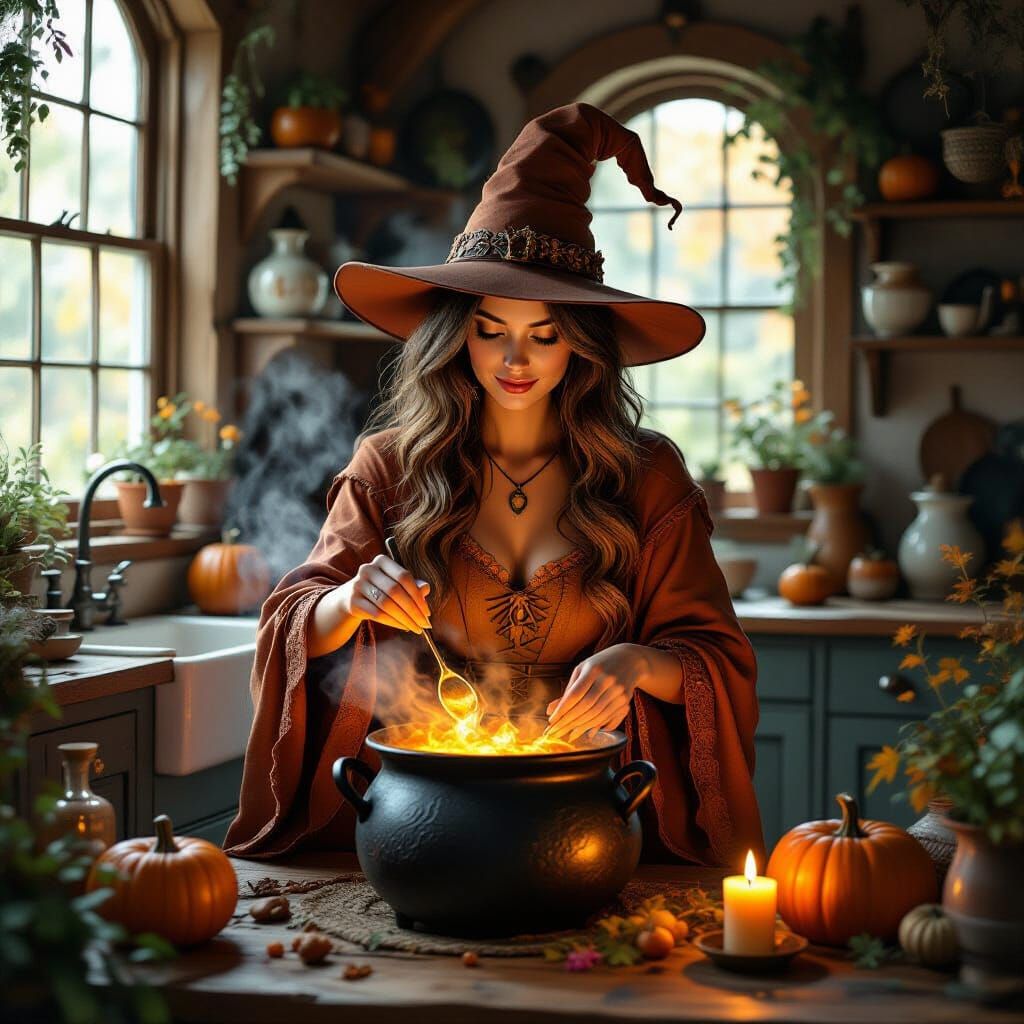 Mystical Kitchen Witch Cooking with Enchanted Herbs