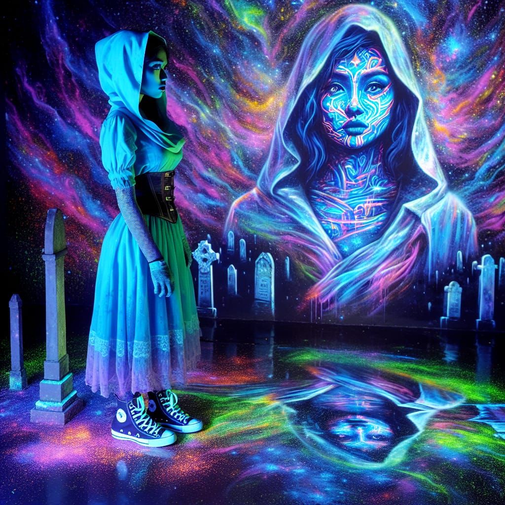 Emotional Sci-Fi Figure in Cosmic Cemetery