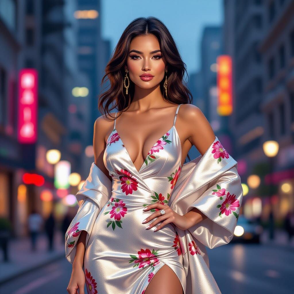 Elegant Woman in City Nightlife, Manga Art Style