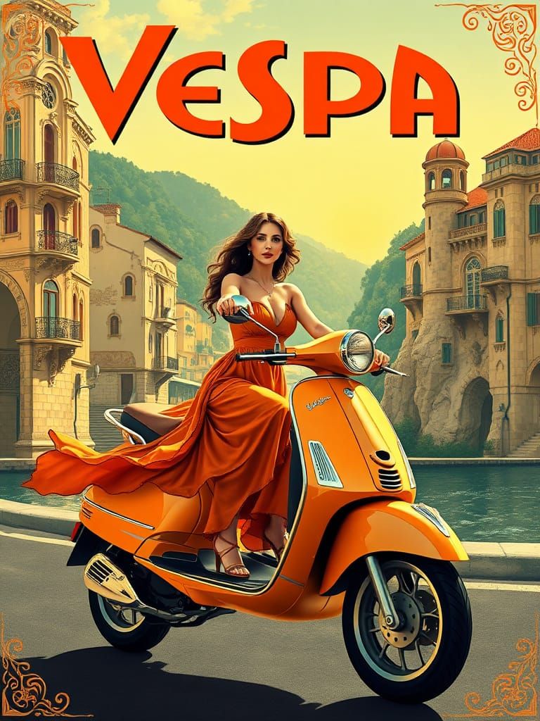 Vintage Vespa Poster in Art Nouveau Style