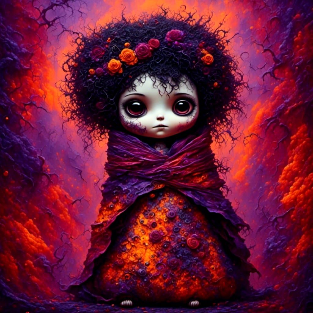 scaly fully wrapped  mummy doll, black hair sticking out, su...