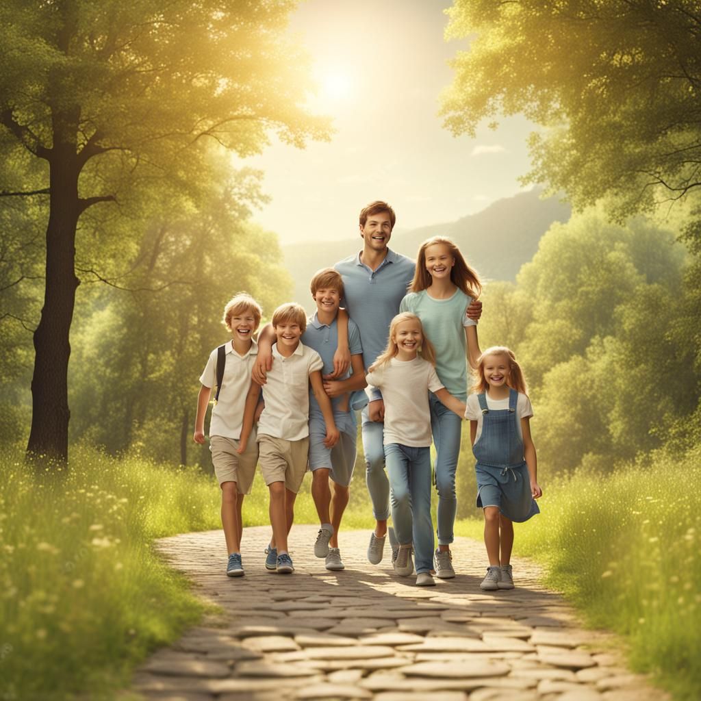 Happy Family Nature Walk in Matte Painting Style