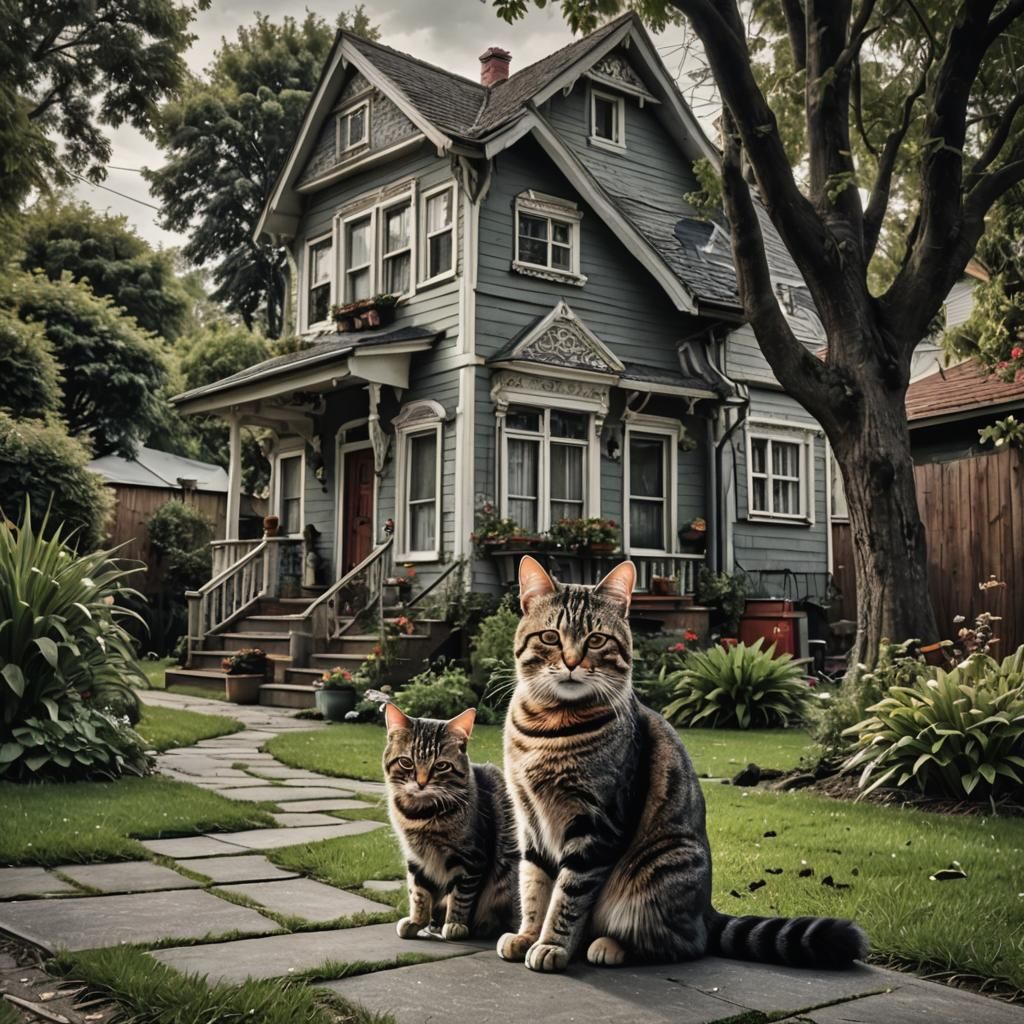 Hyperrealistic House with Cats in Yard, HDR