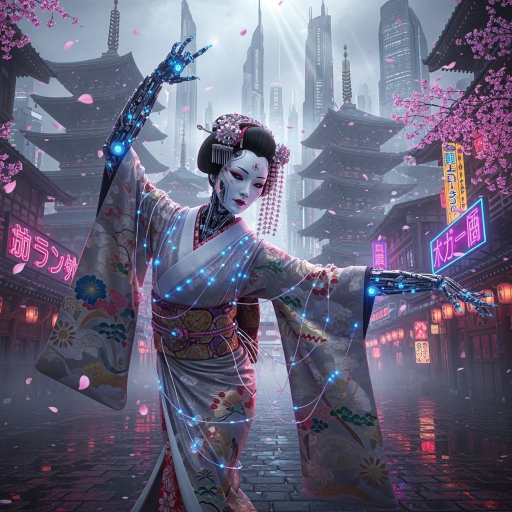 Cybernetic Geisha Dances in Futuristic Kyoto