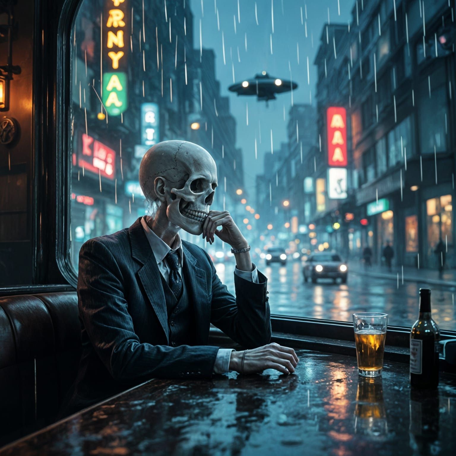 Melancholic Skeleton in Retro-Futuristic City Bar