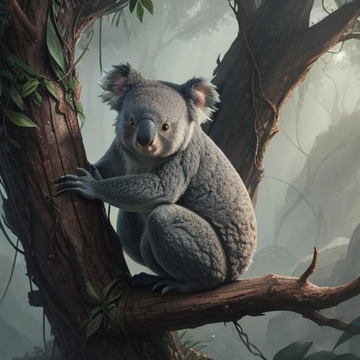 Detailed Matte Painting of Koala in Tree