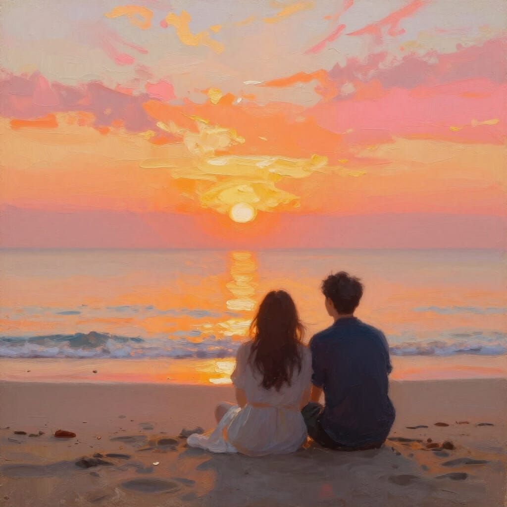 Couple Watches Vibrant Sunrise Over Ocean in Impressionistic...