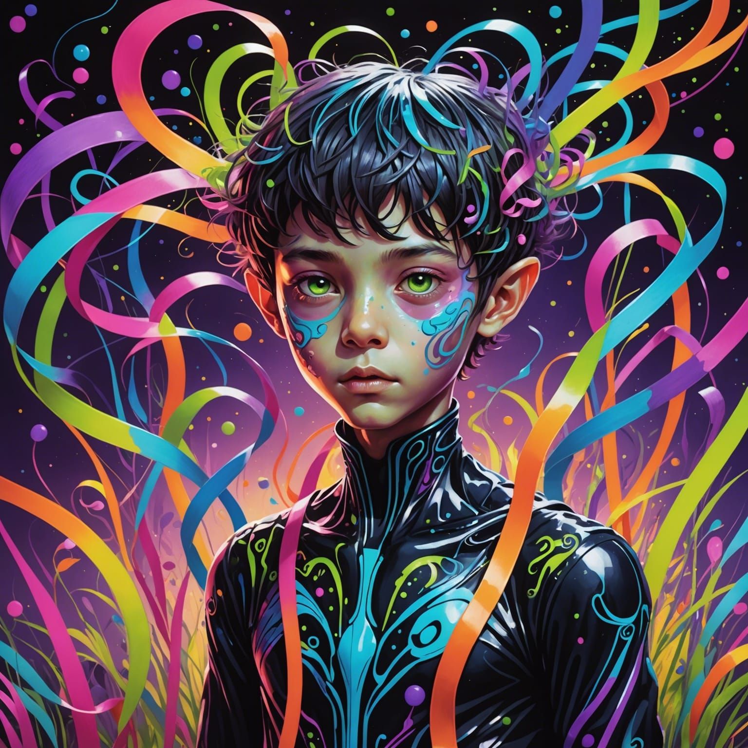 Surreal Alien Boy in Neon Blacklight Landscape