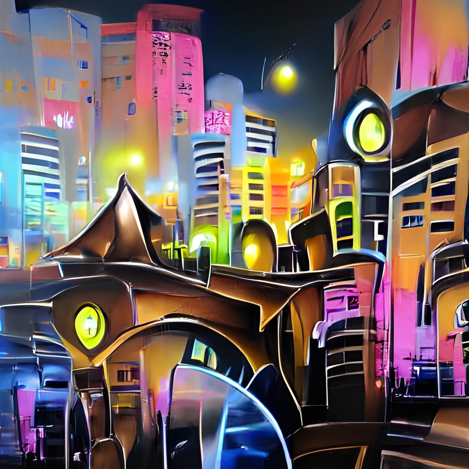 Neon Anime Cityscape in Steampunk Art Deco Style